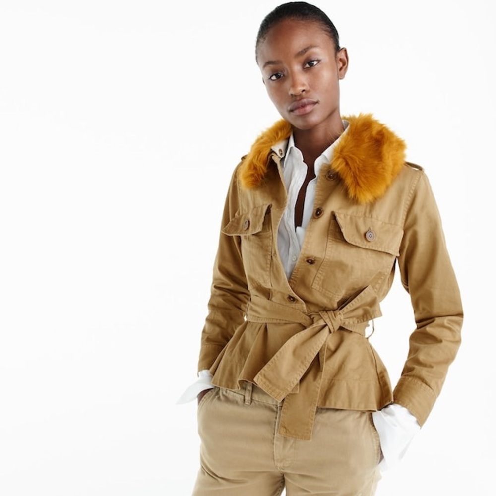 J.crew Peplum chino jacket with faux-fur collar